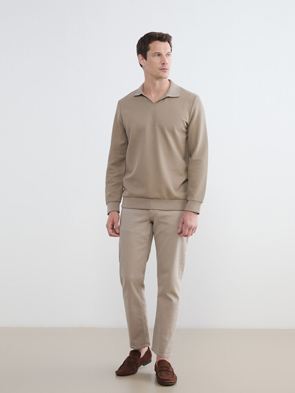 Bej Polo Yaka Erkek Sweatshirt-1