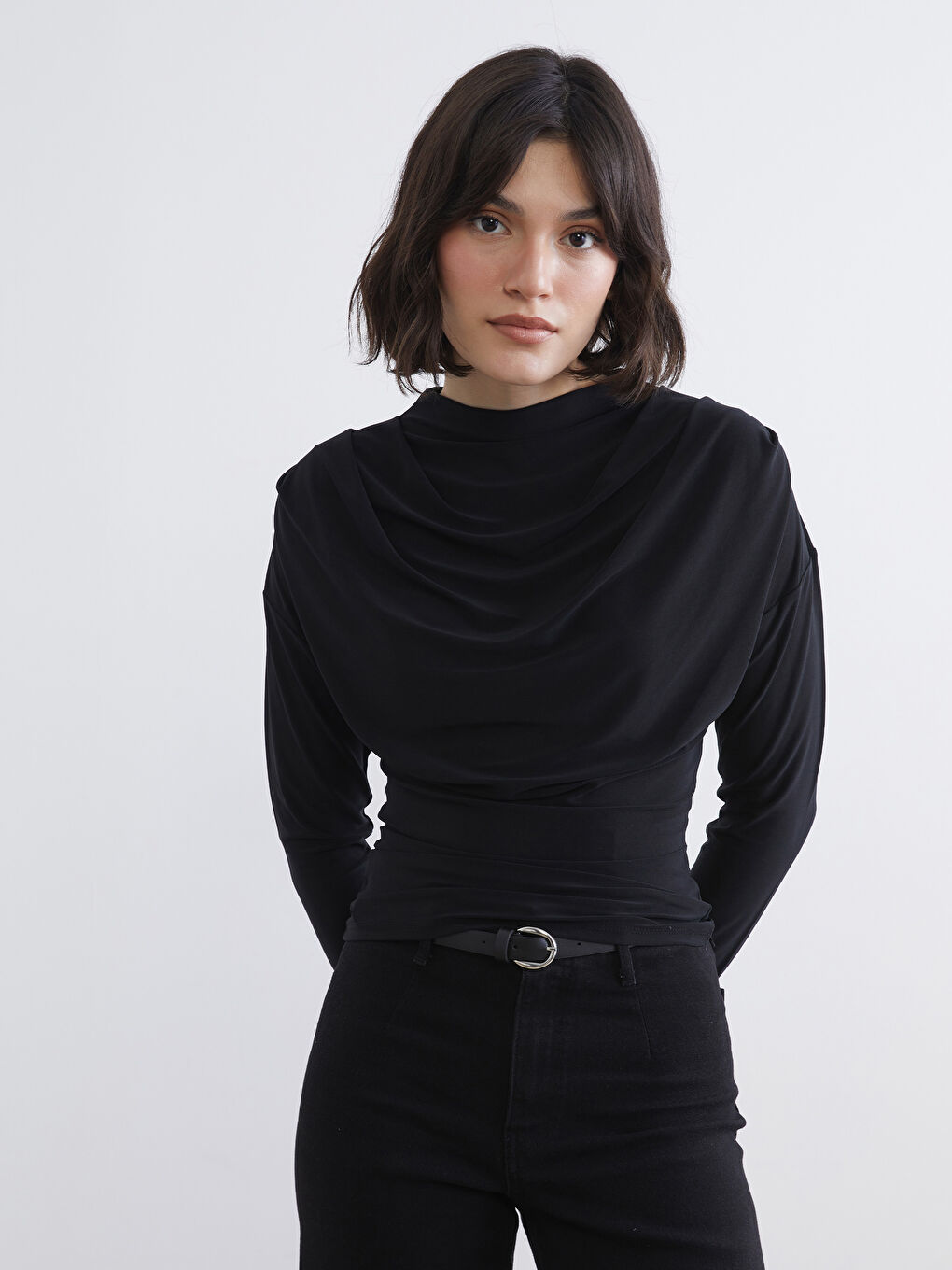 High-neck gathered blouse