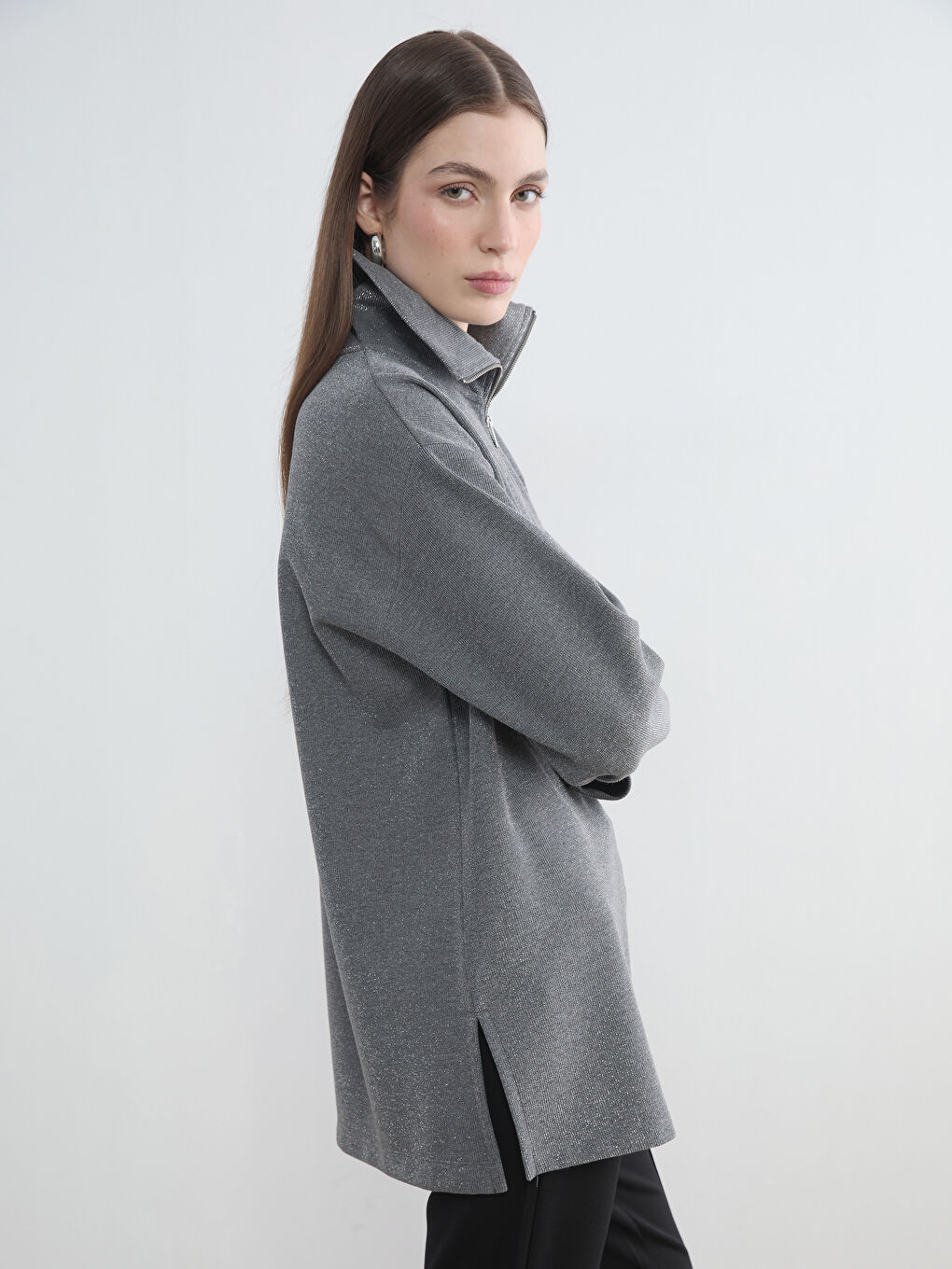 Gri Dik Yaka Kadın Sweatshirt Tunik