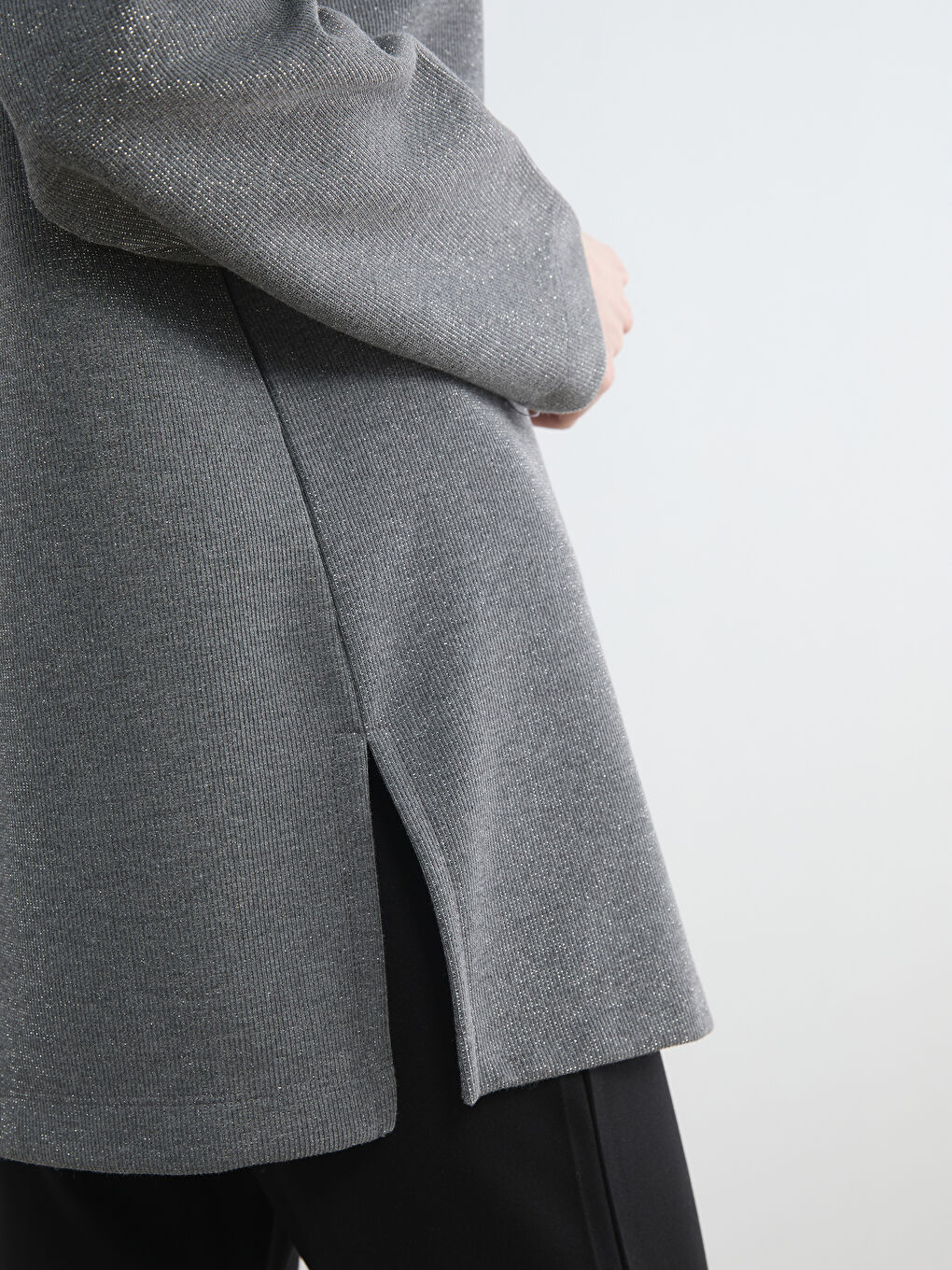 Gri Dik Yaka Kadın Sweatshirt Tunik-2