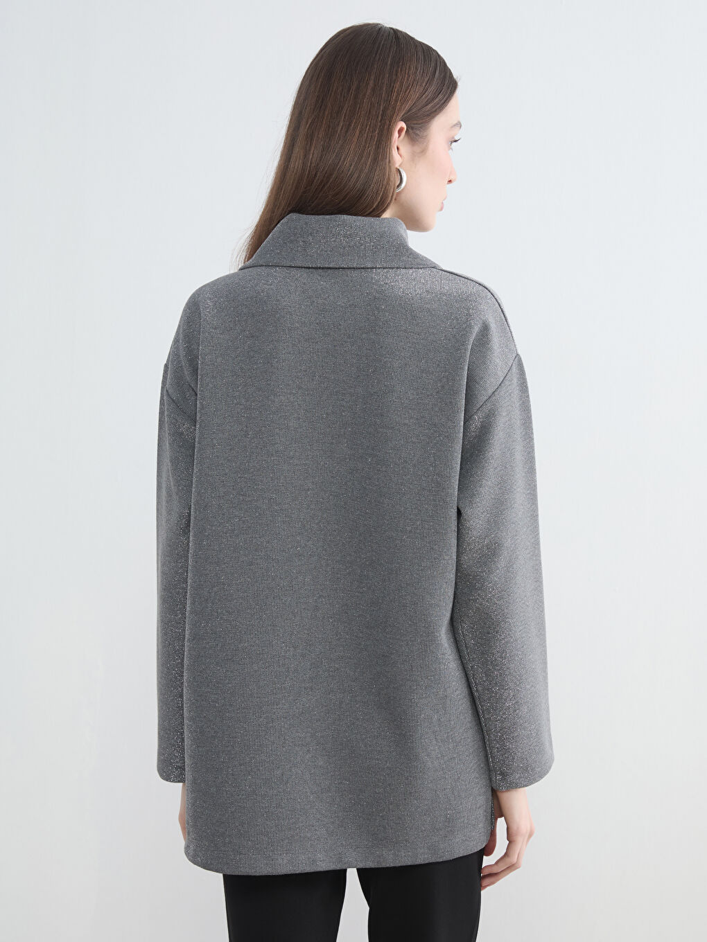 Gri Dik Yaka Kadın Sweatshirt Tunik-3