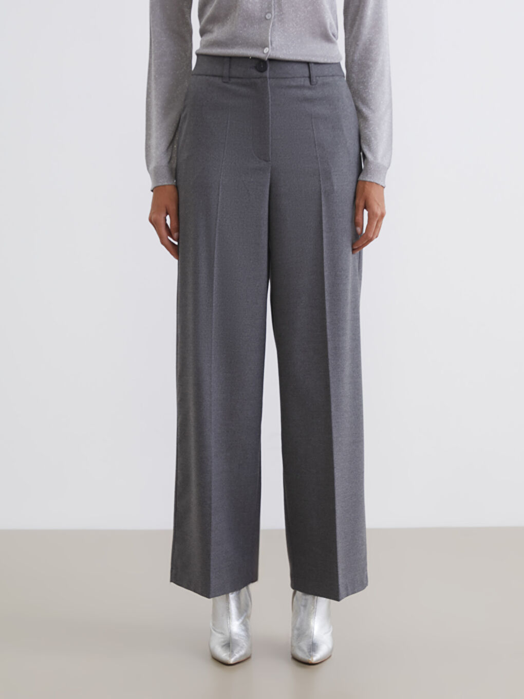 Gri Yüksek Bel Geniş Paça Kadın Pantolon-1