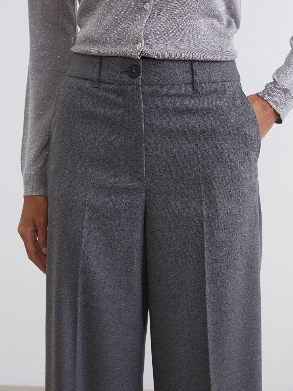 Gri Yüksek Bel Geniş Paça Kadın Pantolon-2
