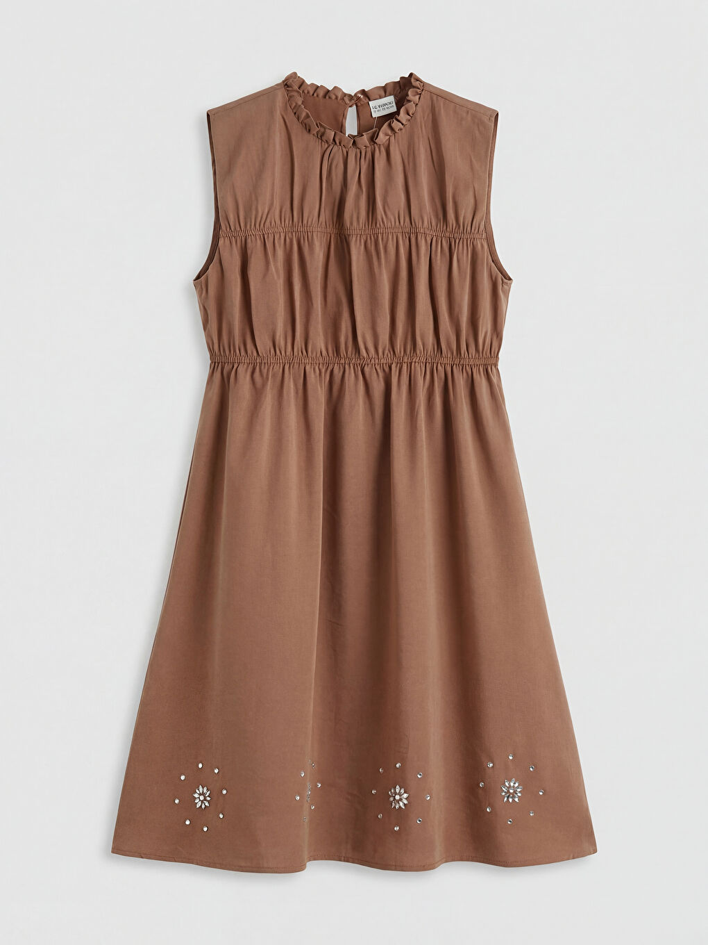 Kahverengi Fırfırlı Yaka Taşlı Kız Çocuk Gabardin Elbise