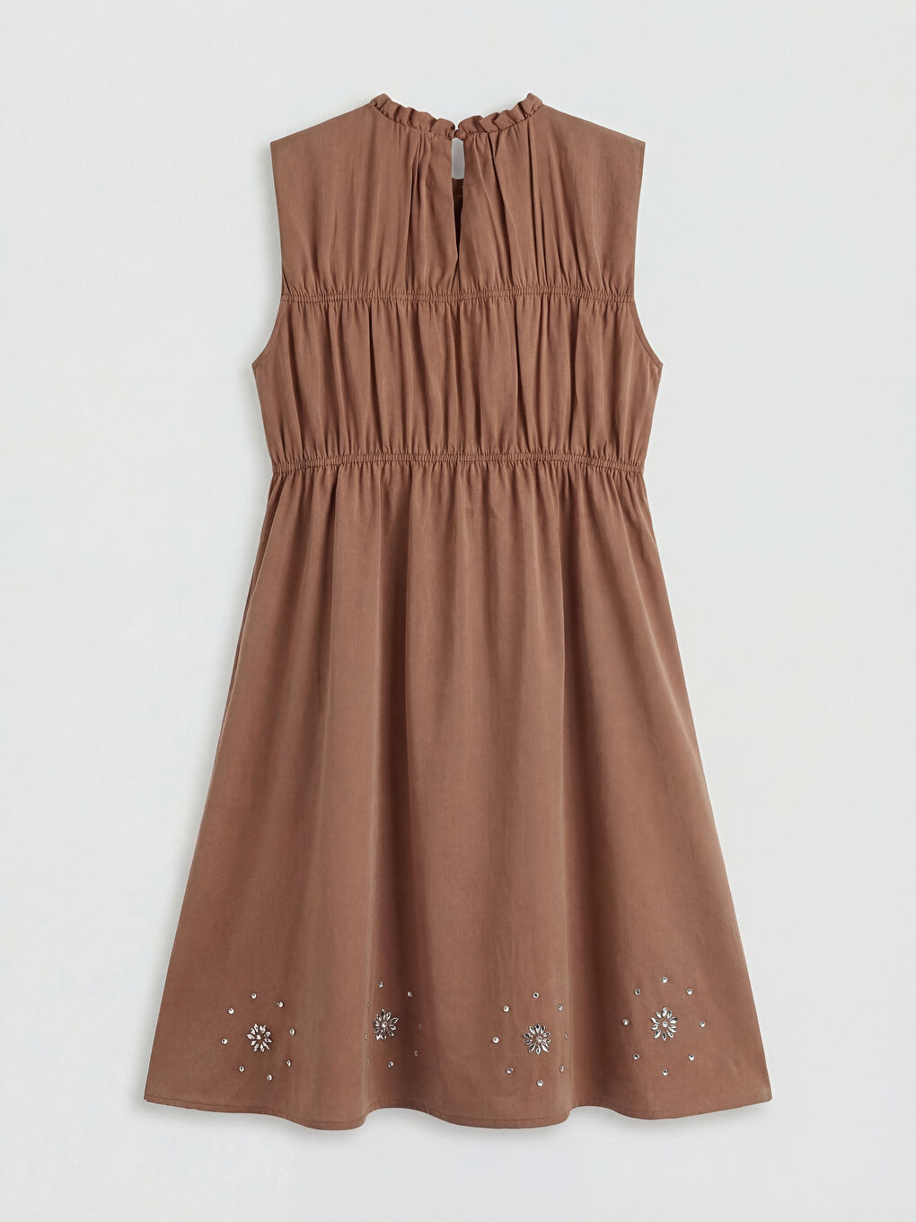 Kahverengi Fırfırlı Yaka Taşlı Kız Çocuk Gabardin Elbise-1