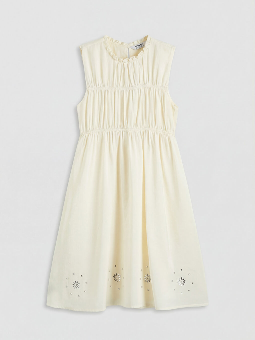 Bej Fırfırlı Yaka Taşlı Kız Çocuk Gabardin Elbise-1