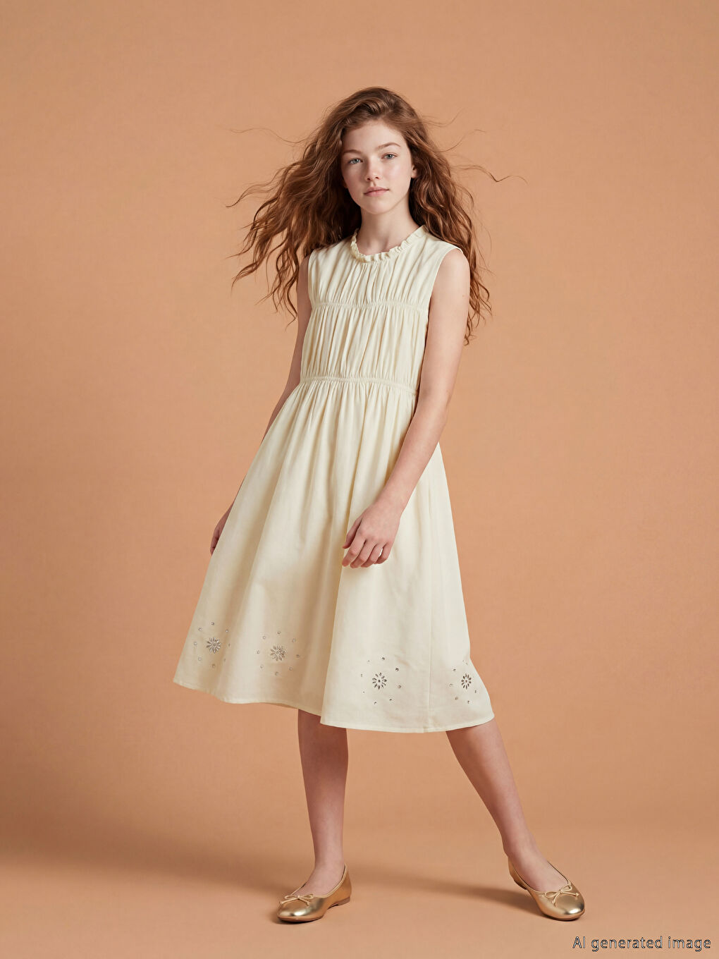 Bej Fırfırlı Yaka Taşlı Kız Çocuk Gabardin Elbise