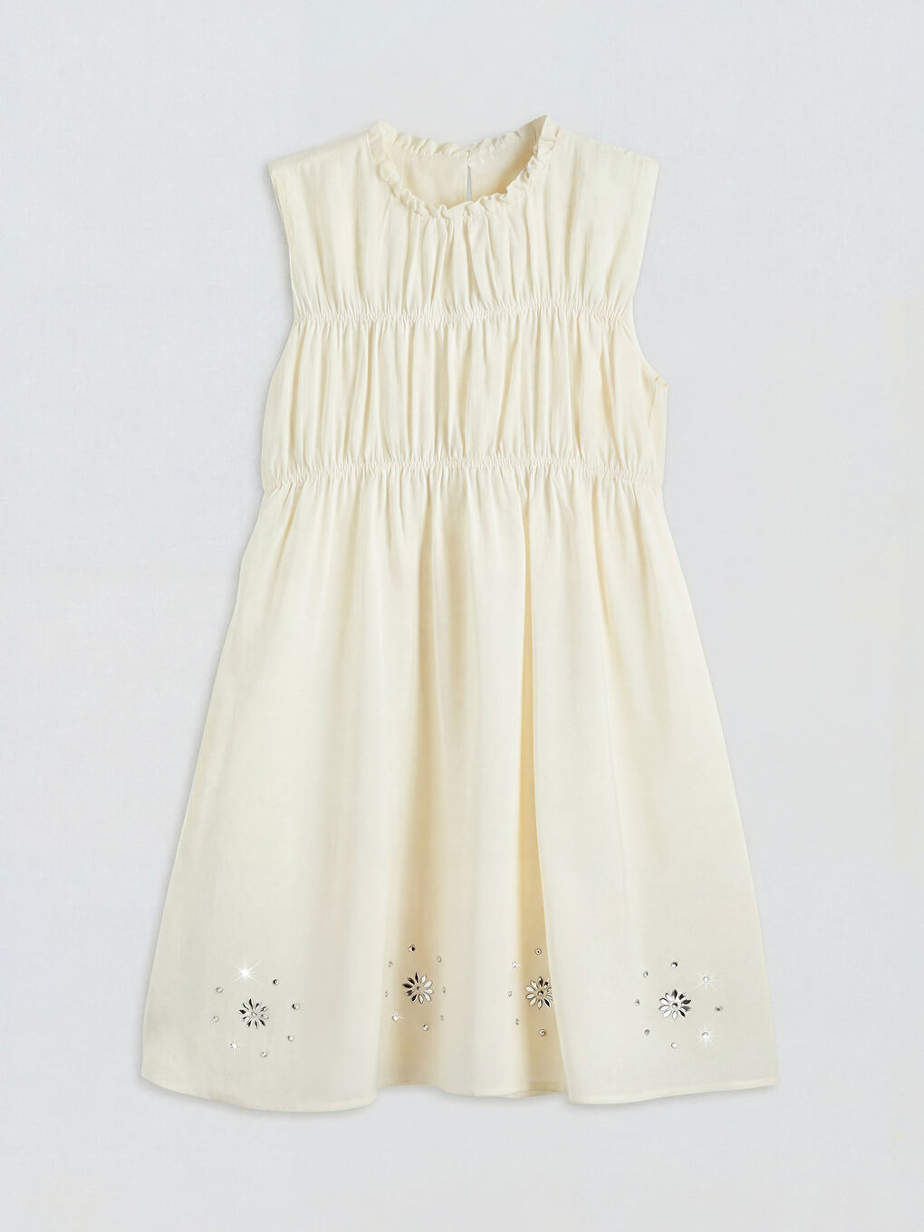 Bej Fırfırlı Yaka Taşlı Kız Çocuk Gabardin Elbise-1