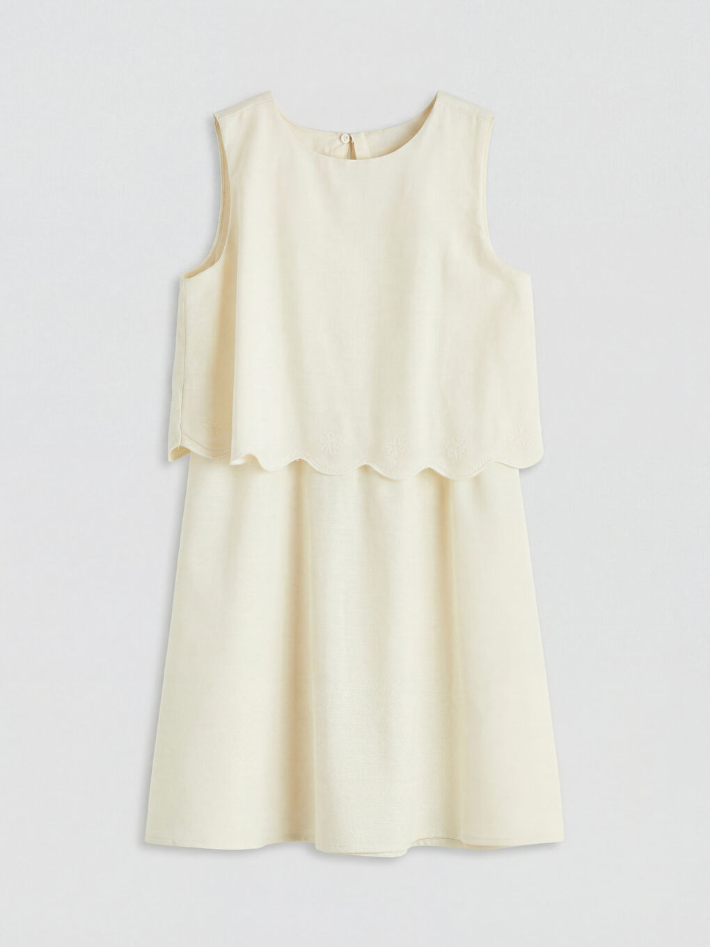 Ekru Bisiklet Yaka Nakışlı Kız Çocuk Poplin Elbise