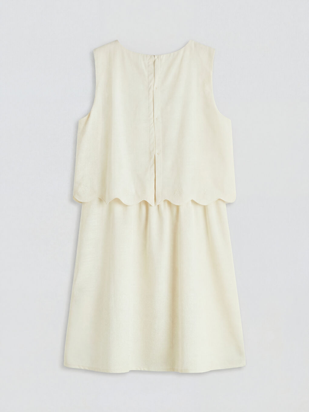 Ekru Bisiklet Yaka Nakışlı Kız Çocuk Poplin Elbise-1