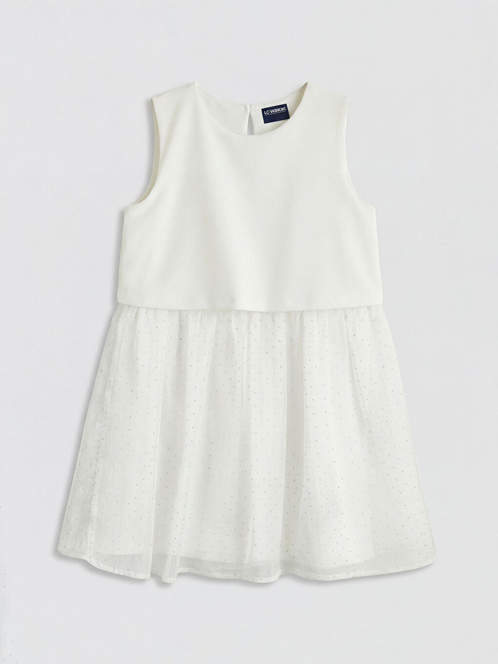 Beyaz Bisiklet Yaka Tül Detaylı Kız Çocuk Elbise