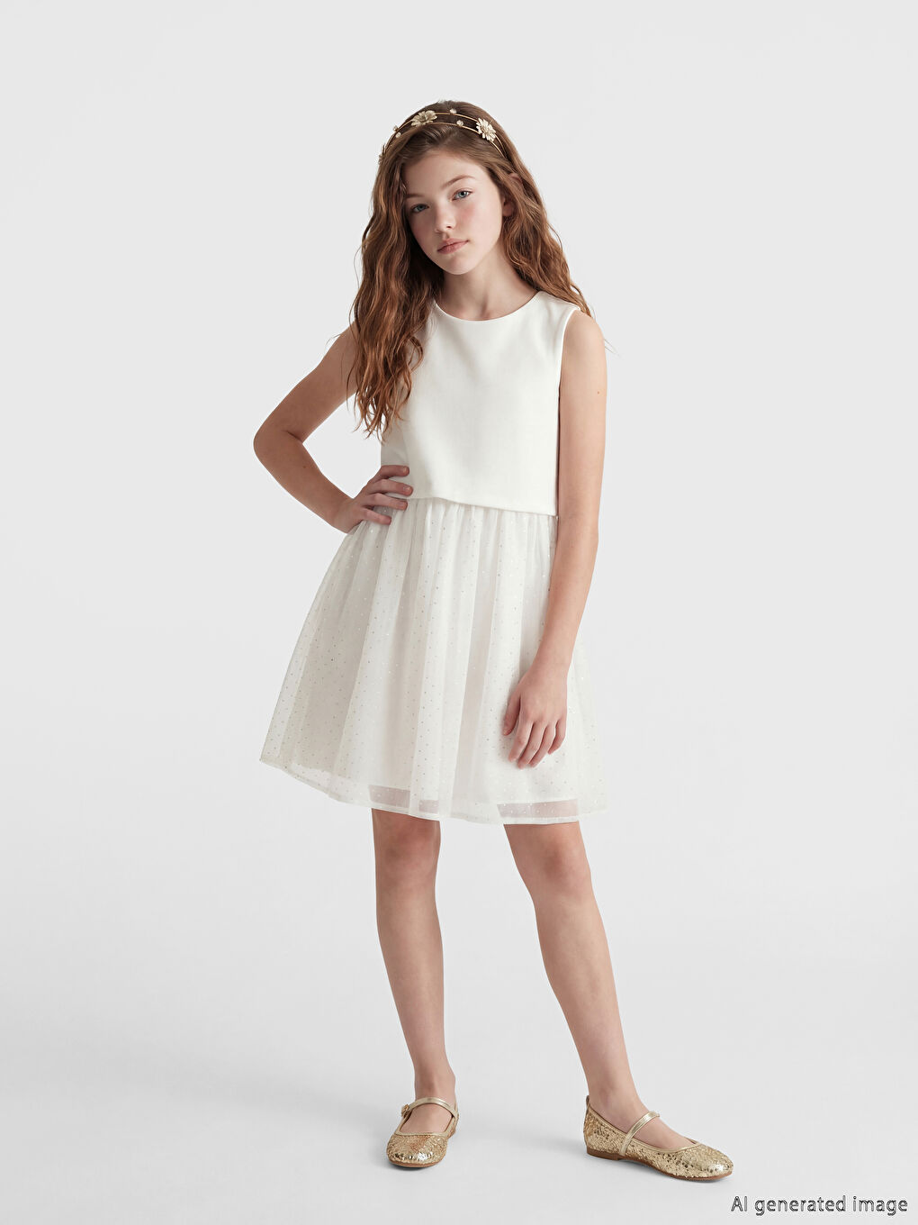 Beyaz Bisiklet Yaka Tül Detaylı Kız Çocuk Elbise