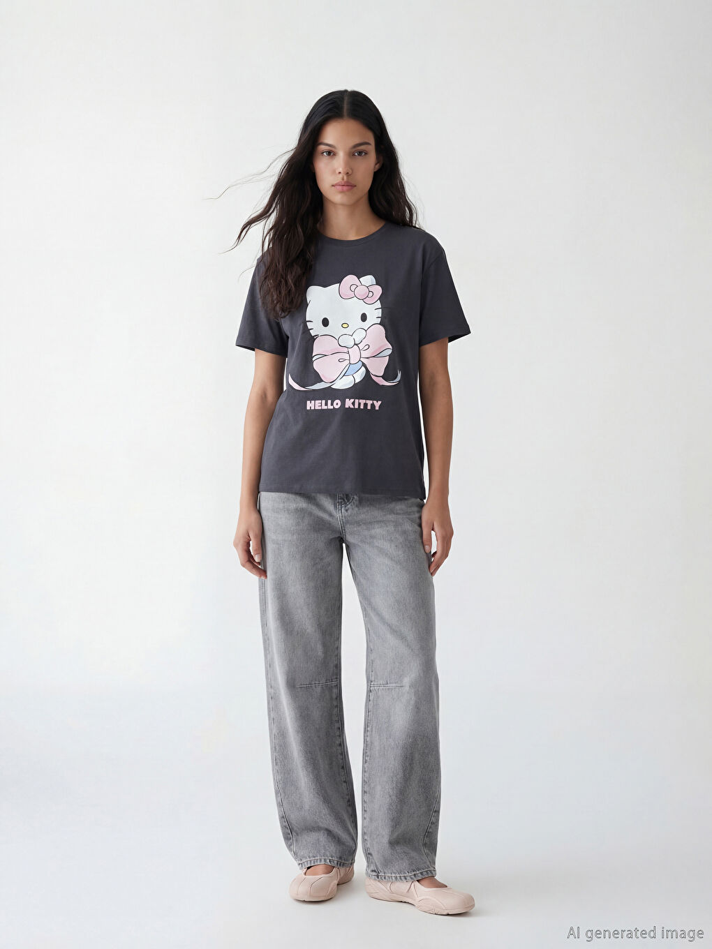 Antrasit Bisiklet Yaka Hello Kitty Baskılı Kadın Tişört-1