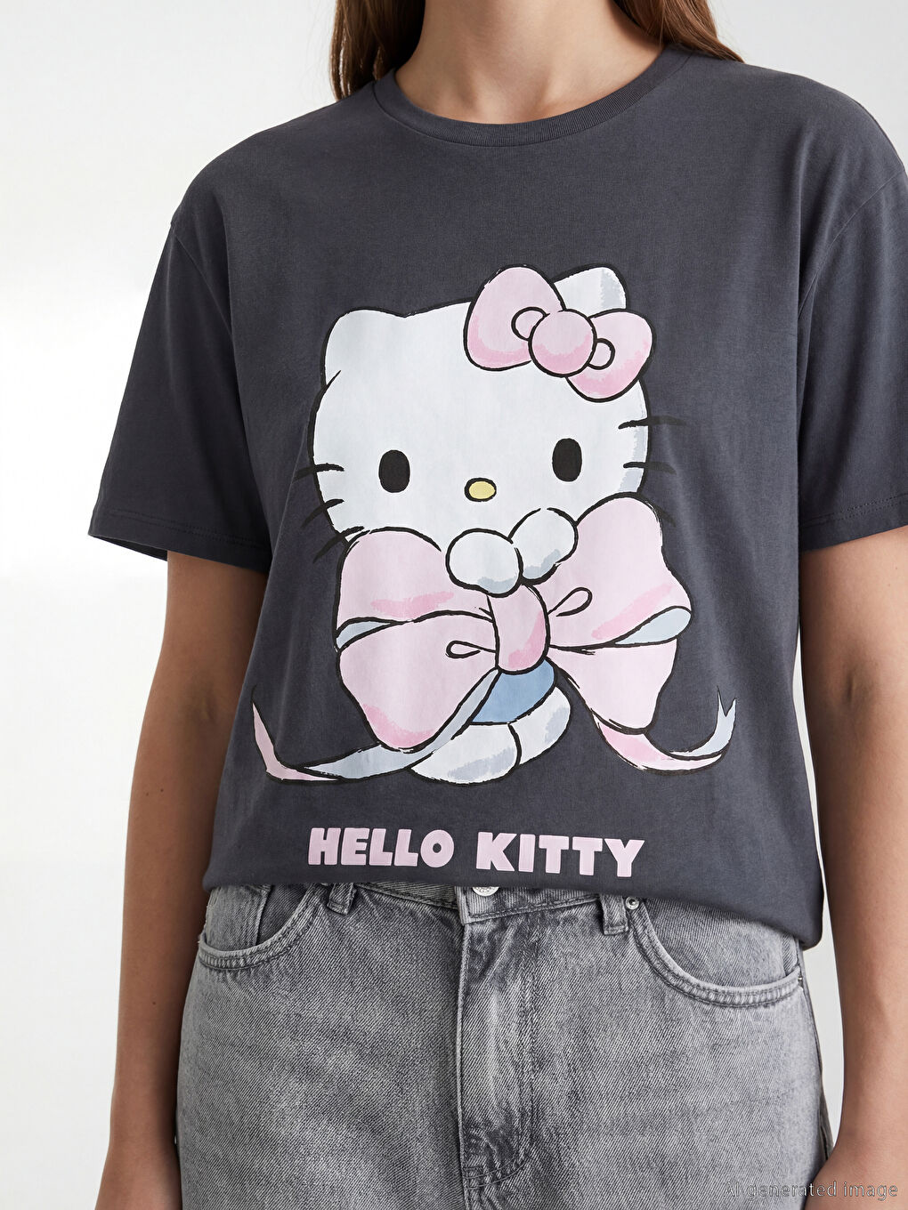 Antrasit Bisiklet Yaka Hello Kitty Baskılı Kadın Tişört-2