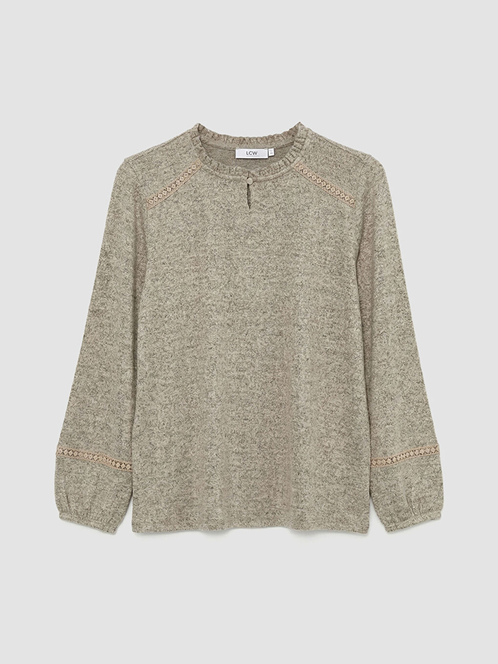 Bej Fırfırlı Bisiklet Yaka Nakışlı Bluz	-4