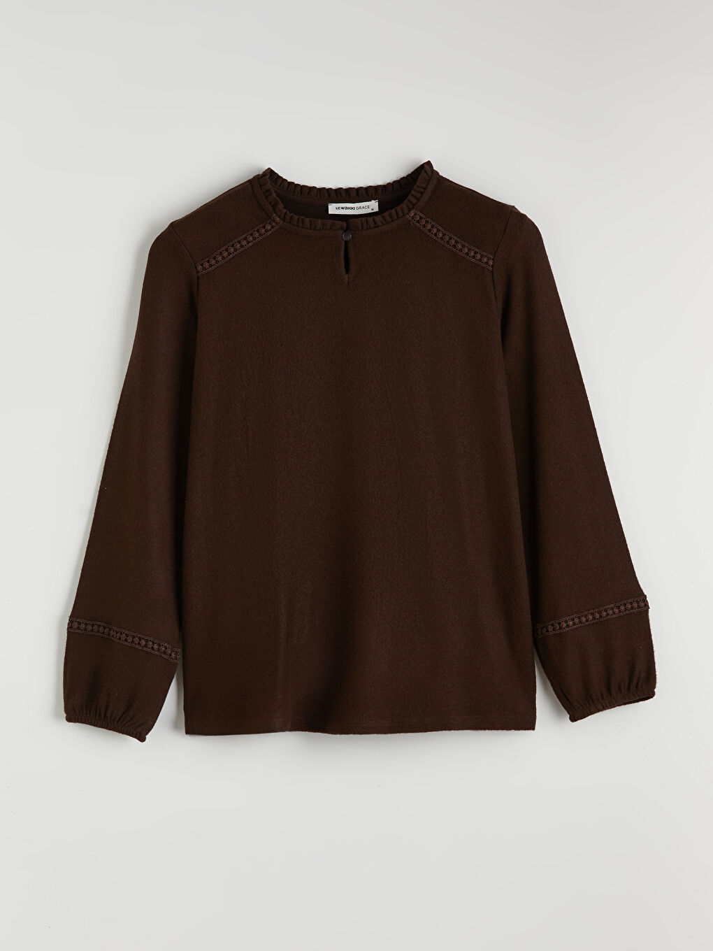 Kahverengi Fırfırlı Bisiklet Yaka Nakışlı Bluz	