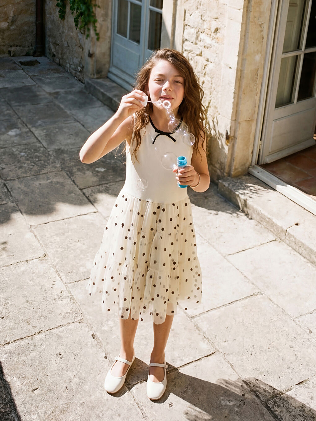 Ekru Puantiyeli Kız Çocuk Tül Elbise-1