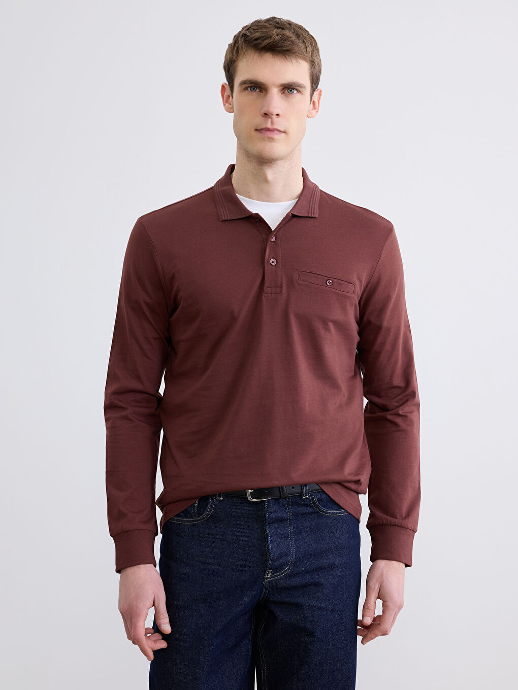 Bordo Polo Yaka Uzun Kollu Erkek Tişört