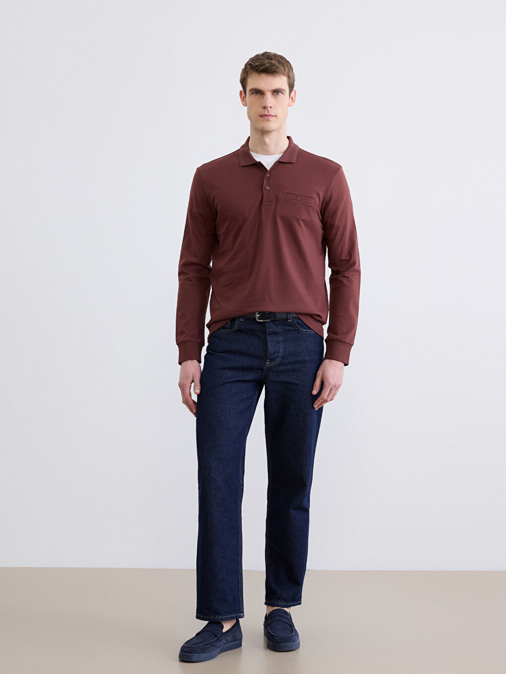 Bordo Polo Yaka Uzun Kollu Erkek Tişört-1
