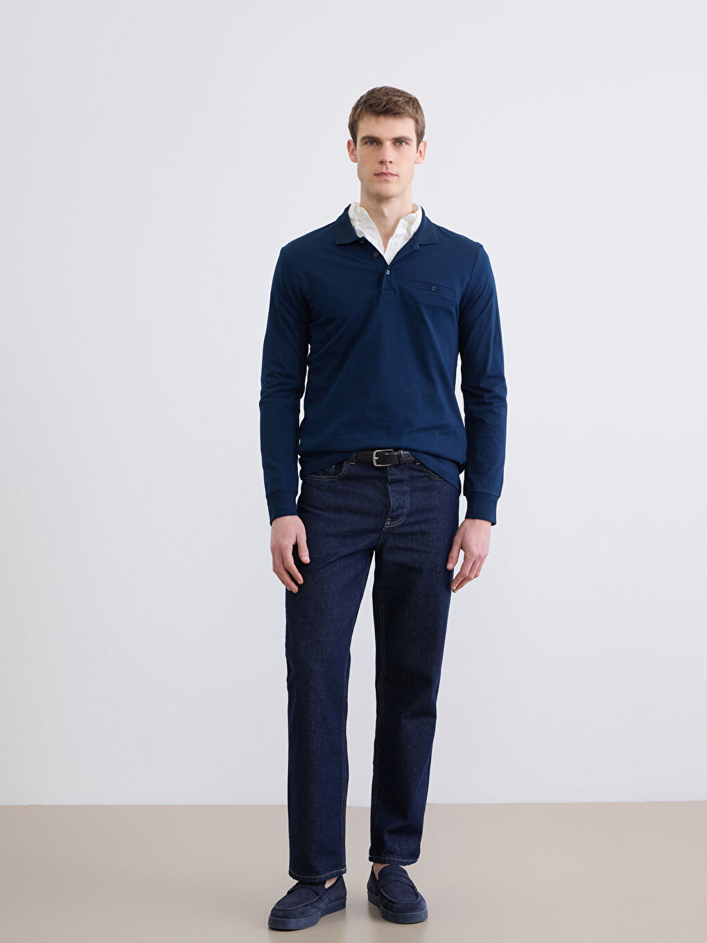 Lacivert Polo Yaka Uzun Kollu Erkek Tişört-1