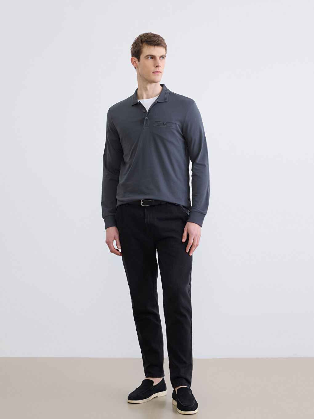 Antrasit Polo Yaka Uzun Kollu Erkek Tişört-1