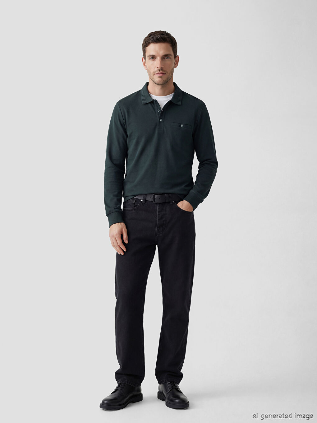 Yeşil Polo Yaka Uzun Kollu Erkek Tişört-1