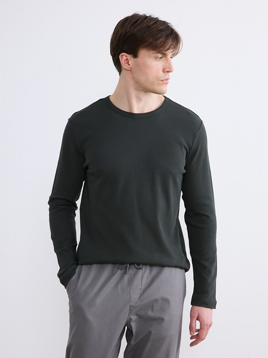 Haki Bisiklet Yaka Uzun Kollu Erkek Tişört