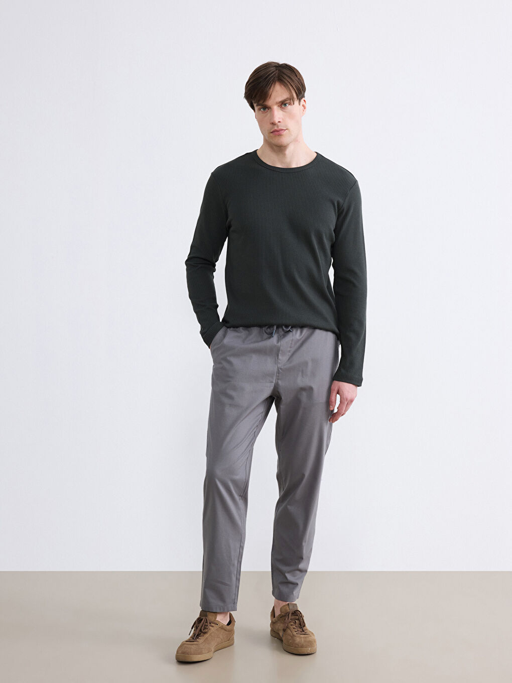 Haki Bisiklet Yaka Uzun Kollu Erkek Tişört-1