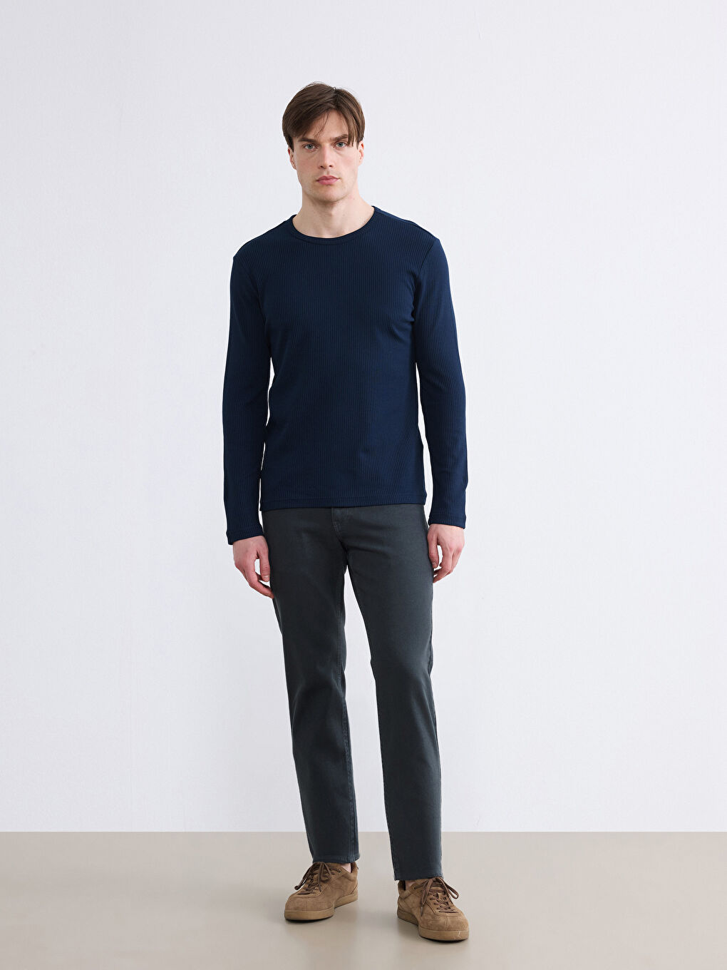 Lacivert Bisiklet Yaka Uzun Kollu Erkek Tişört-1