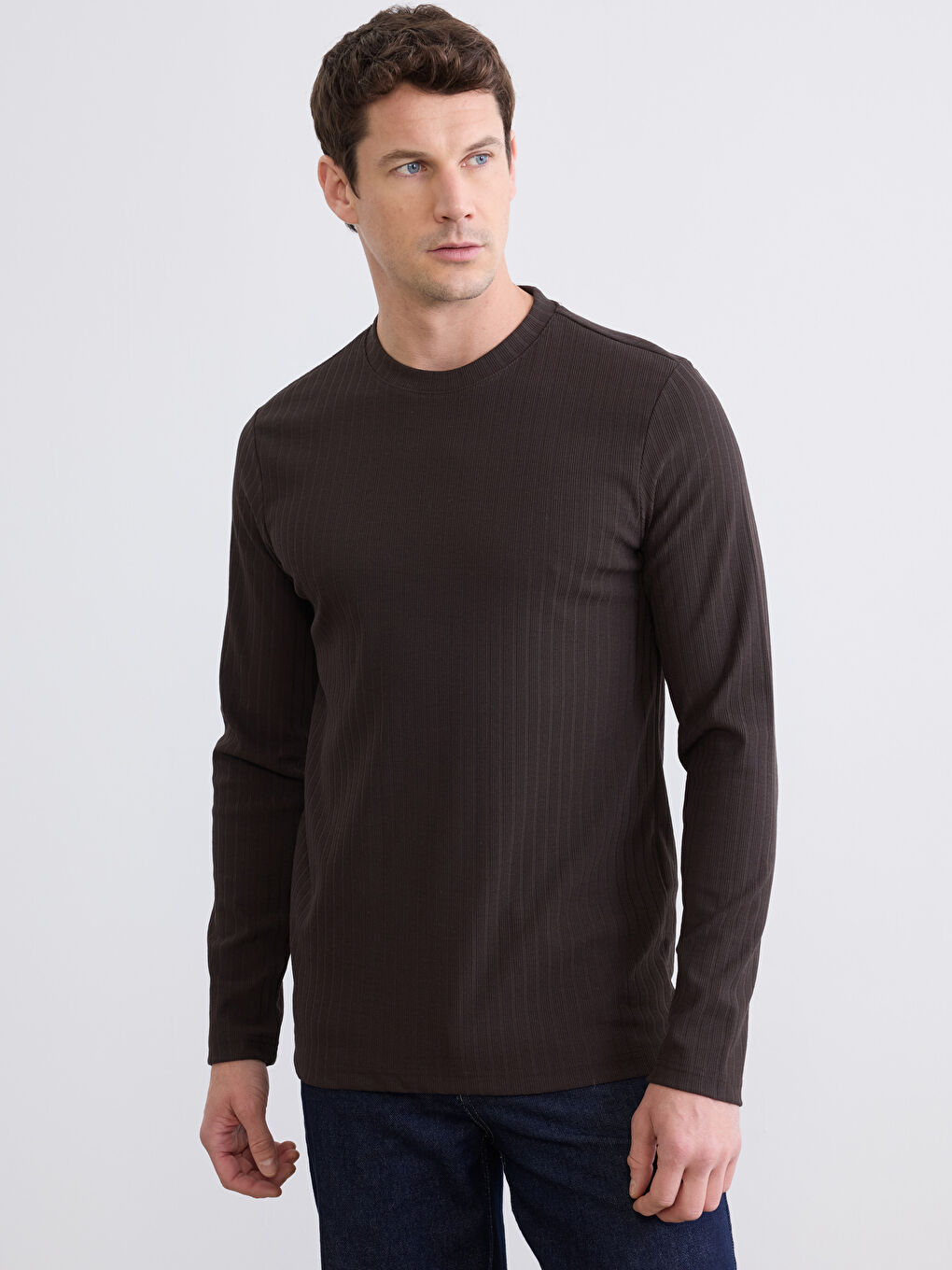 Kahverengi Bisiklet Yaka Ribana Erkek Tişört