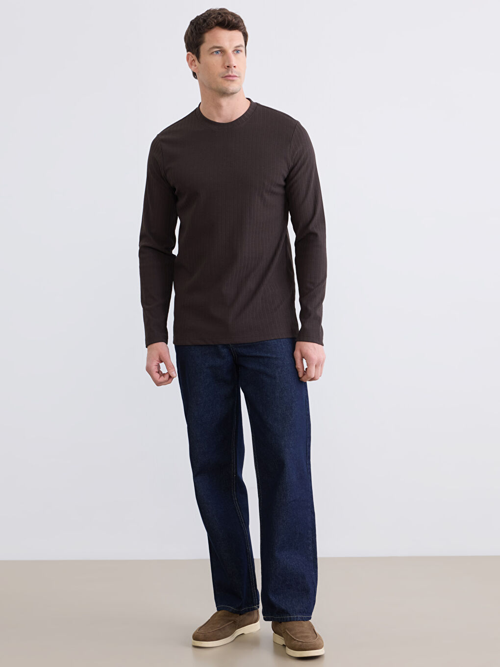 Kahverengi Bisiklet Yaka Ribana Erkek Tişört-1