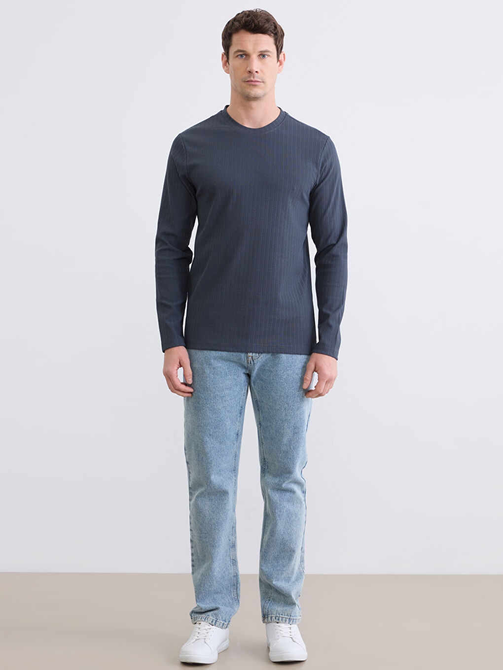 Antrasit Bisiklet Yaka Uzun Kollu Ribana Erkek Tişört-1