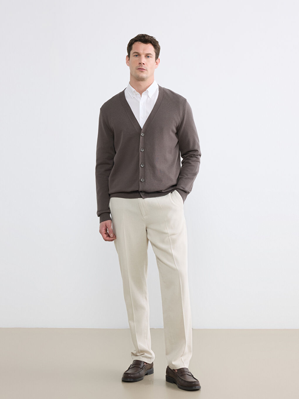 Kahverengi Standart Kalıp Erkek Triko Hırka-1