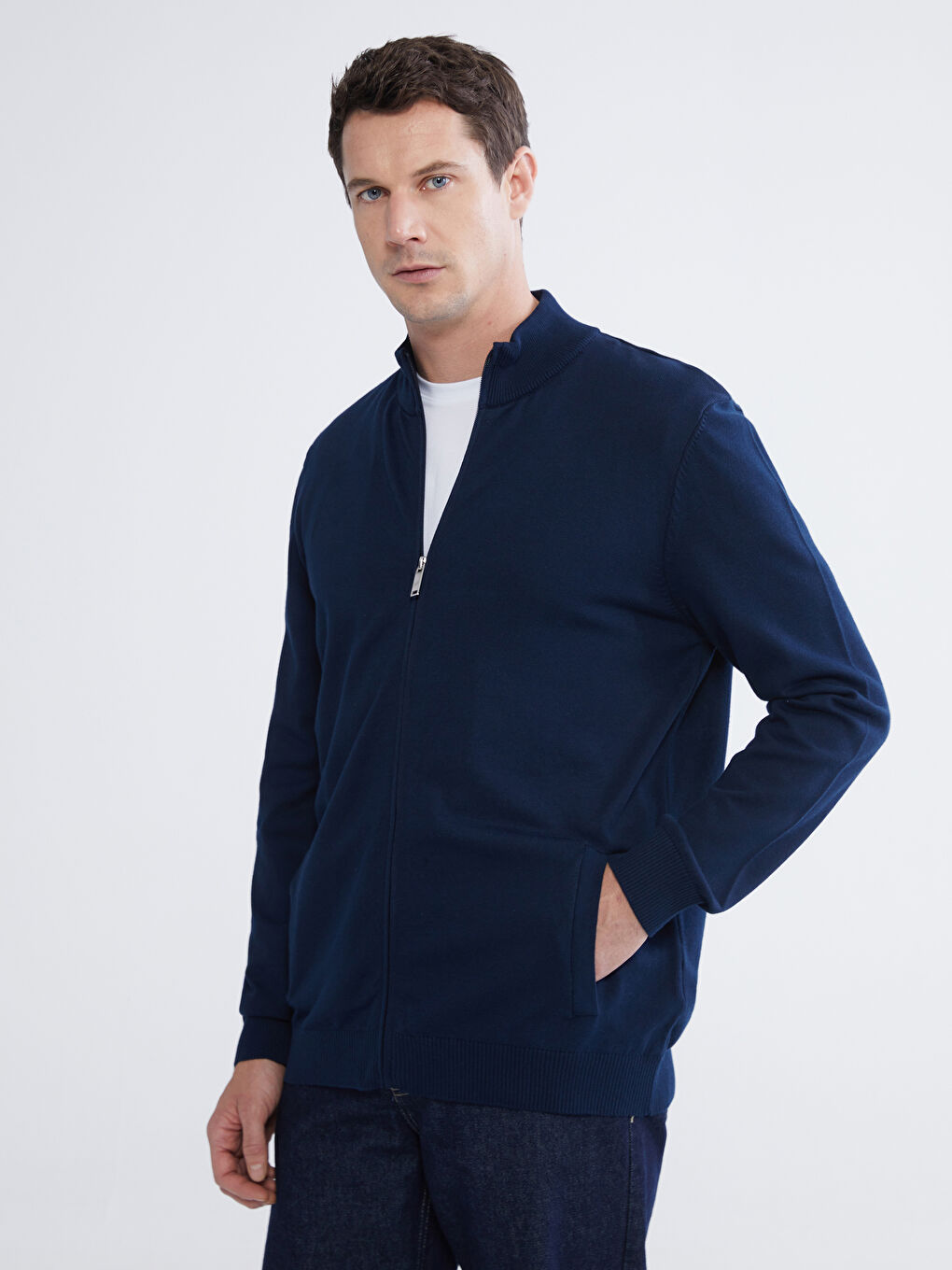 Lacivert Dik Yaka Erkek Triko Hırka