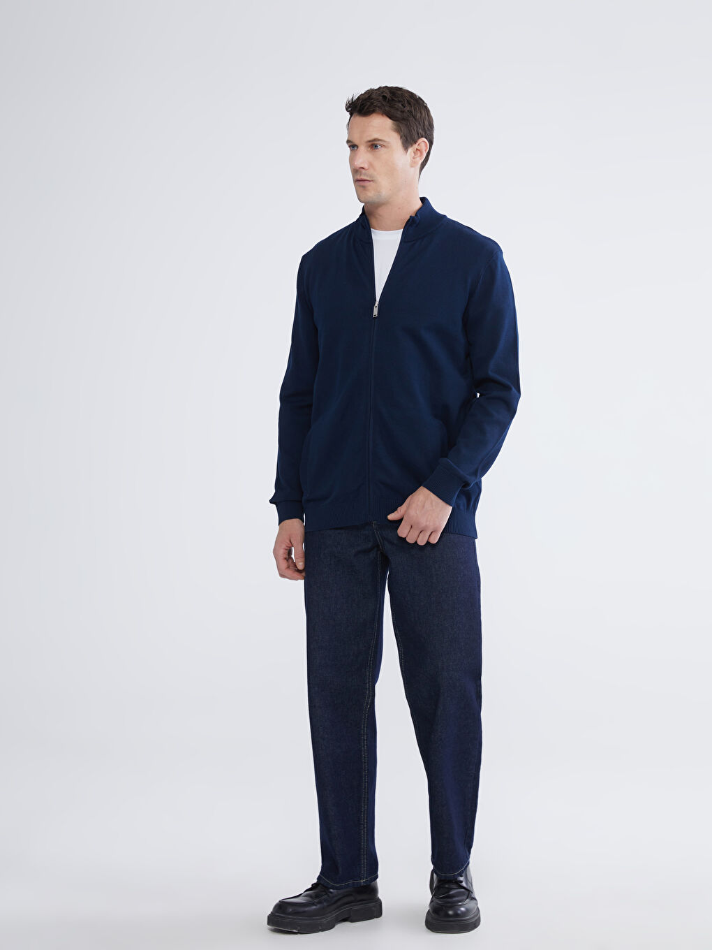 Lacivert Dik Yaka Erkek Triko Hırka-1