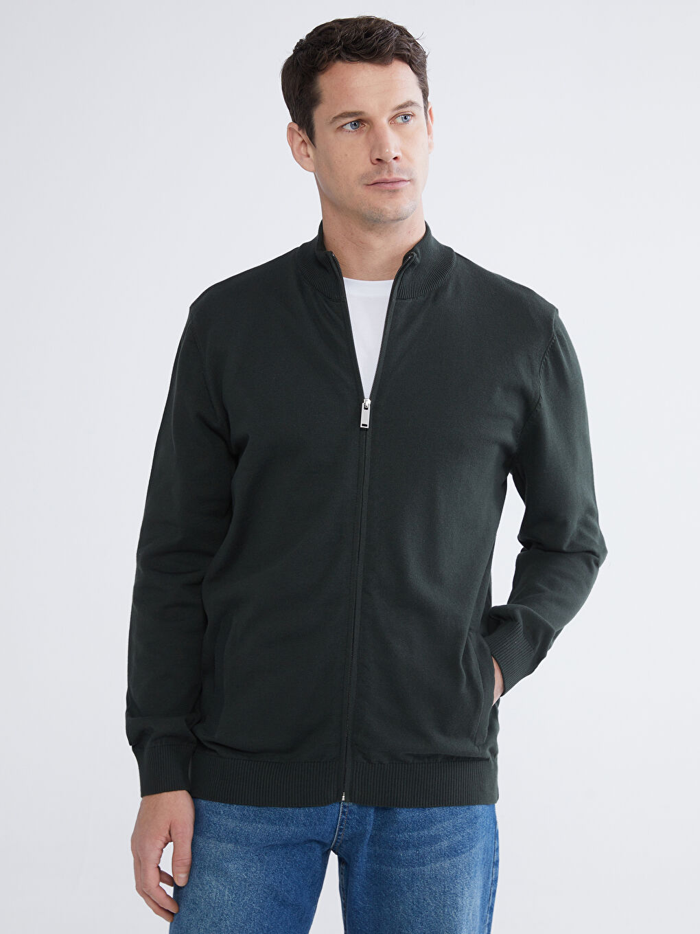 Yeşil Dik Yaka Erkek Triko Hırka