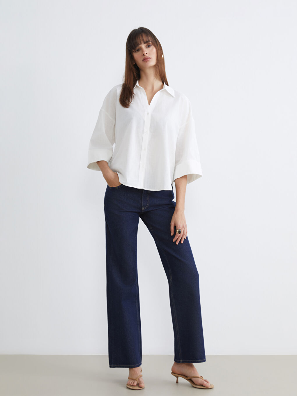 Ekru Oversize Poplin Kadın Gömlek-1