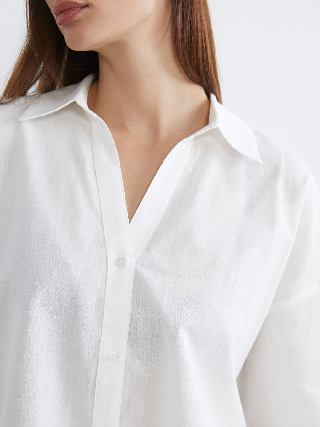 Ekru Oversize Poplin Kadın Gömlek-2