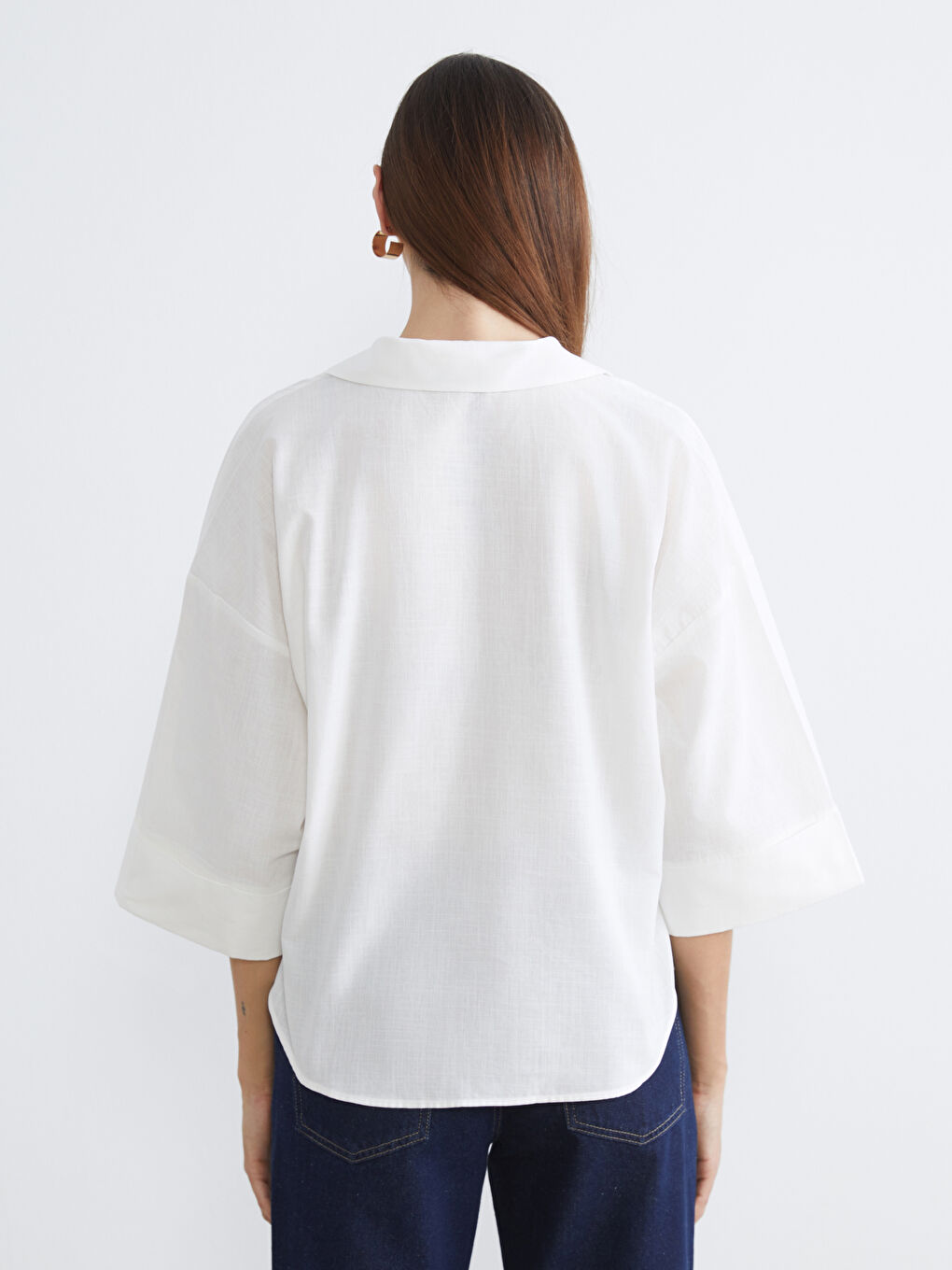 Ekru Oversize Poplin Kadın Gömlek-3