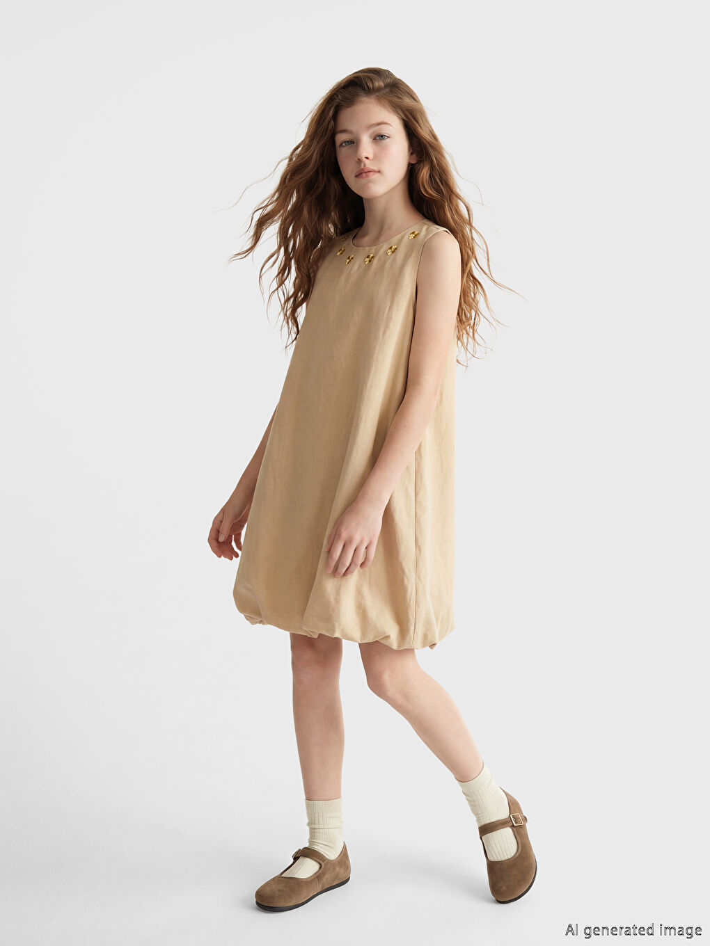 Bej Nakışlı Kız Çocuk Balon Elbise-1