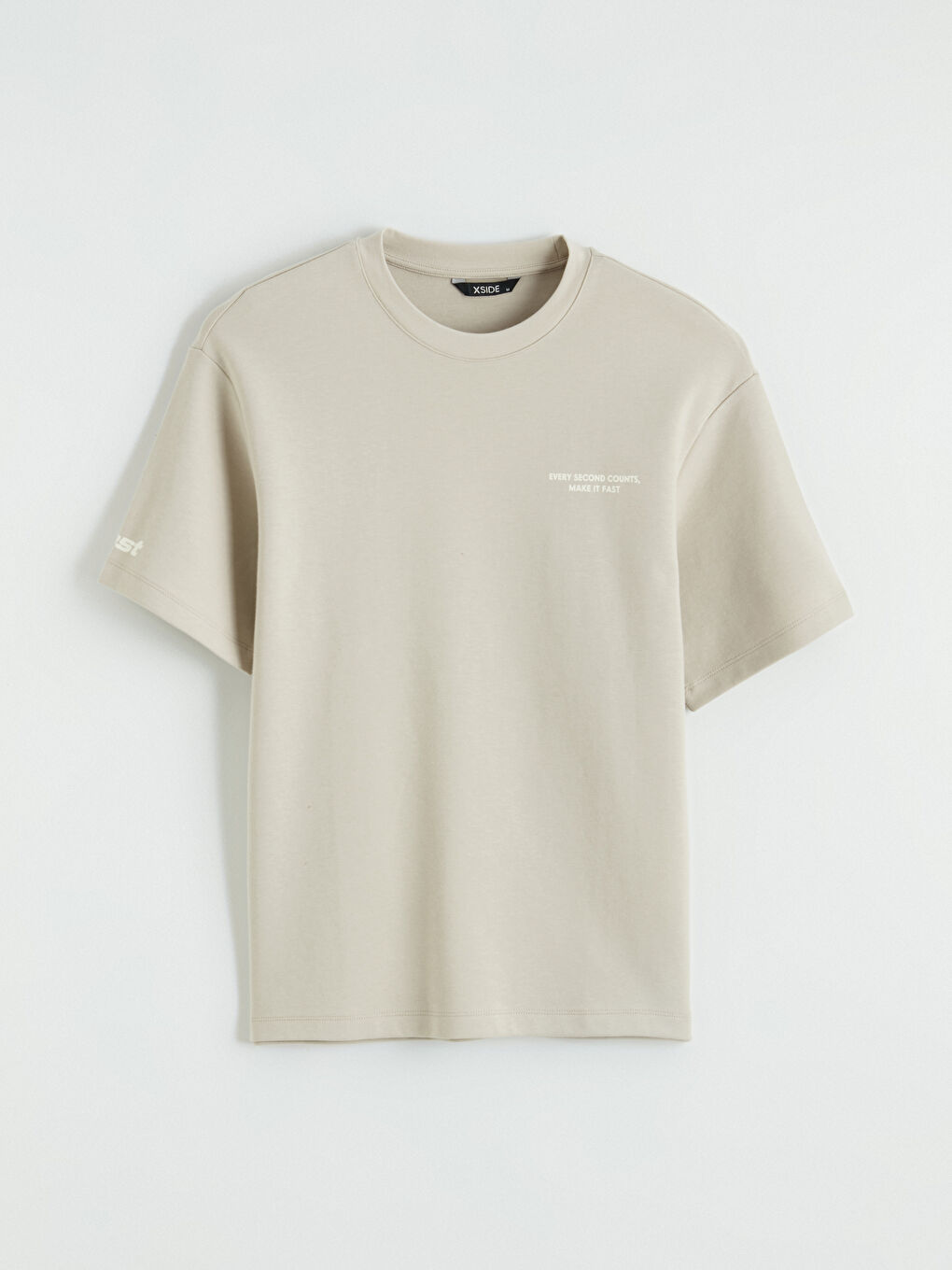 Bej Bisiklet Yaka Baskılı Penye Erkek Tişört-1