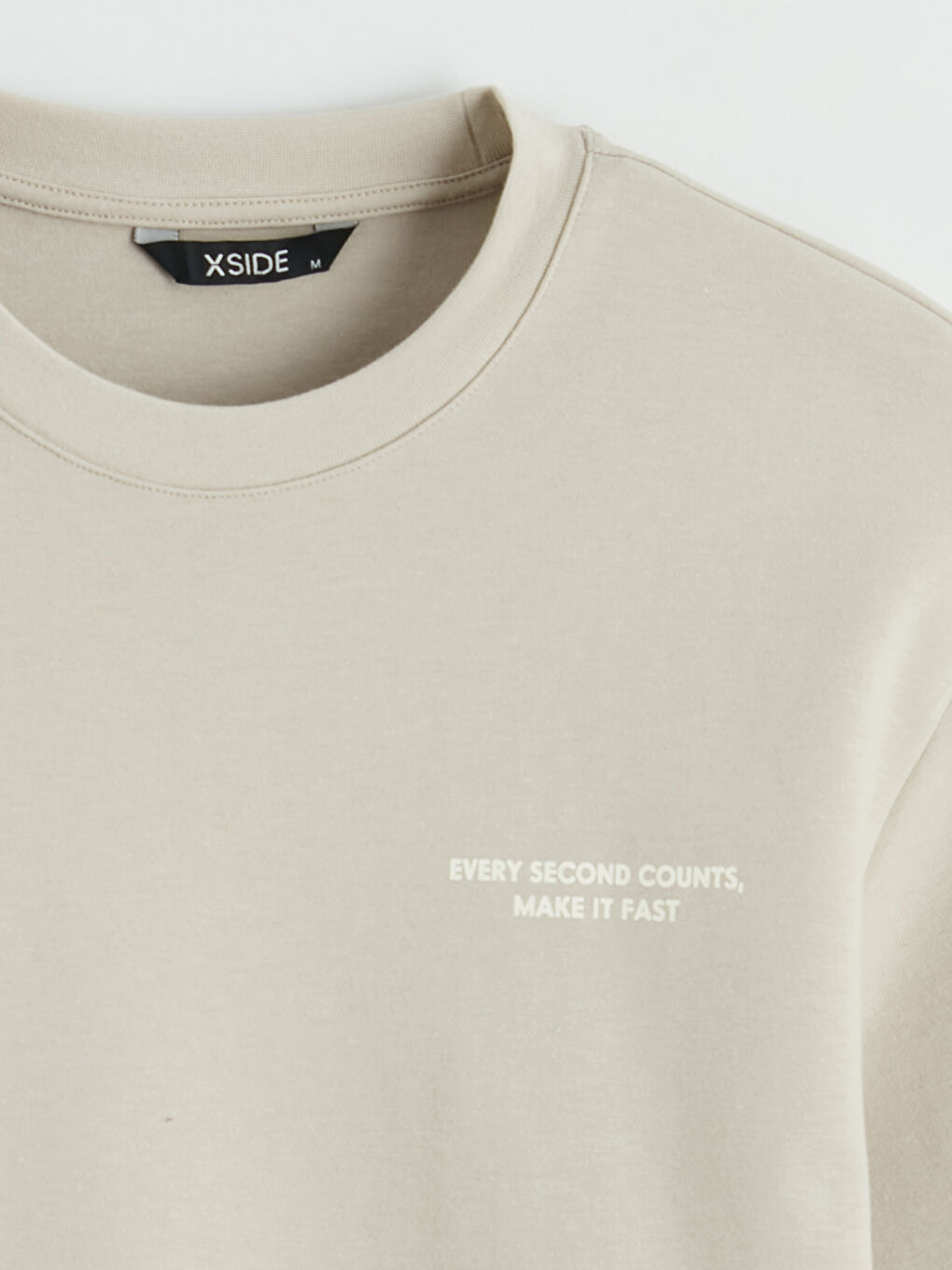 Bej Bisiklet Yaka Baskılı Penye Erkek Tişört-2