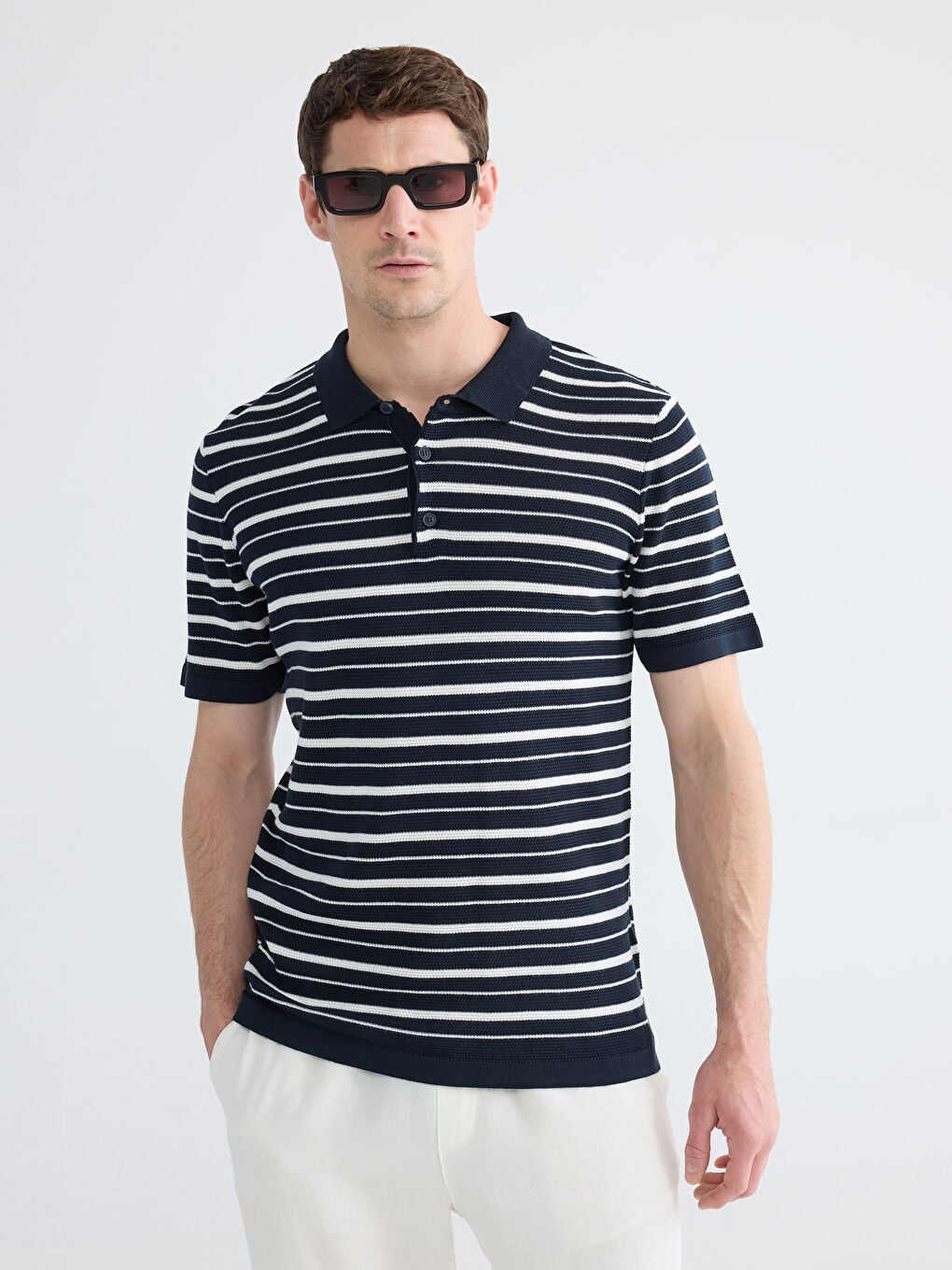 Lacivert Polo Yaka Çizgili Erkek Triko Kazak
