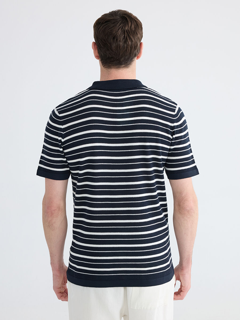 Lacivert Polo Yaka Çizgili Erkek Triko Kazak-3