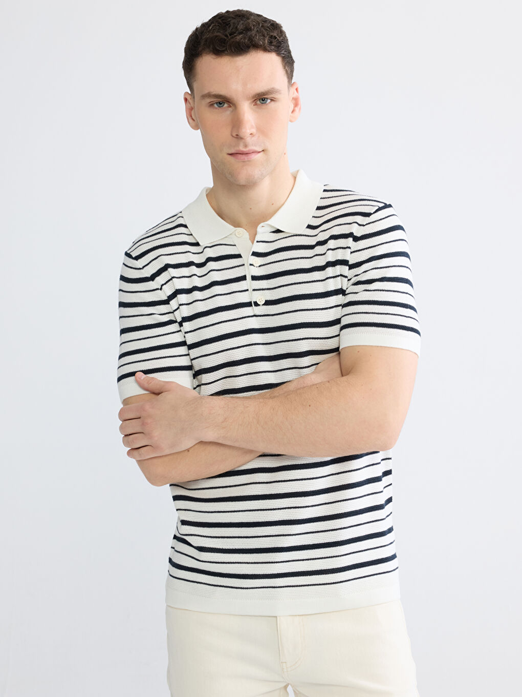 Ekru Çizgili Erkek Polo Yaka Triko Kazak