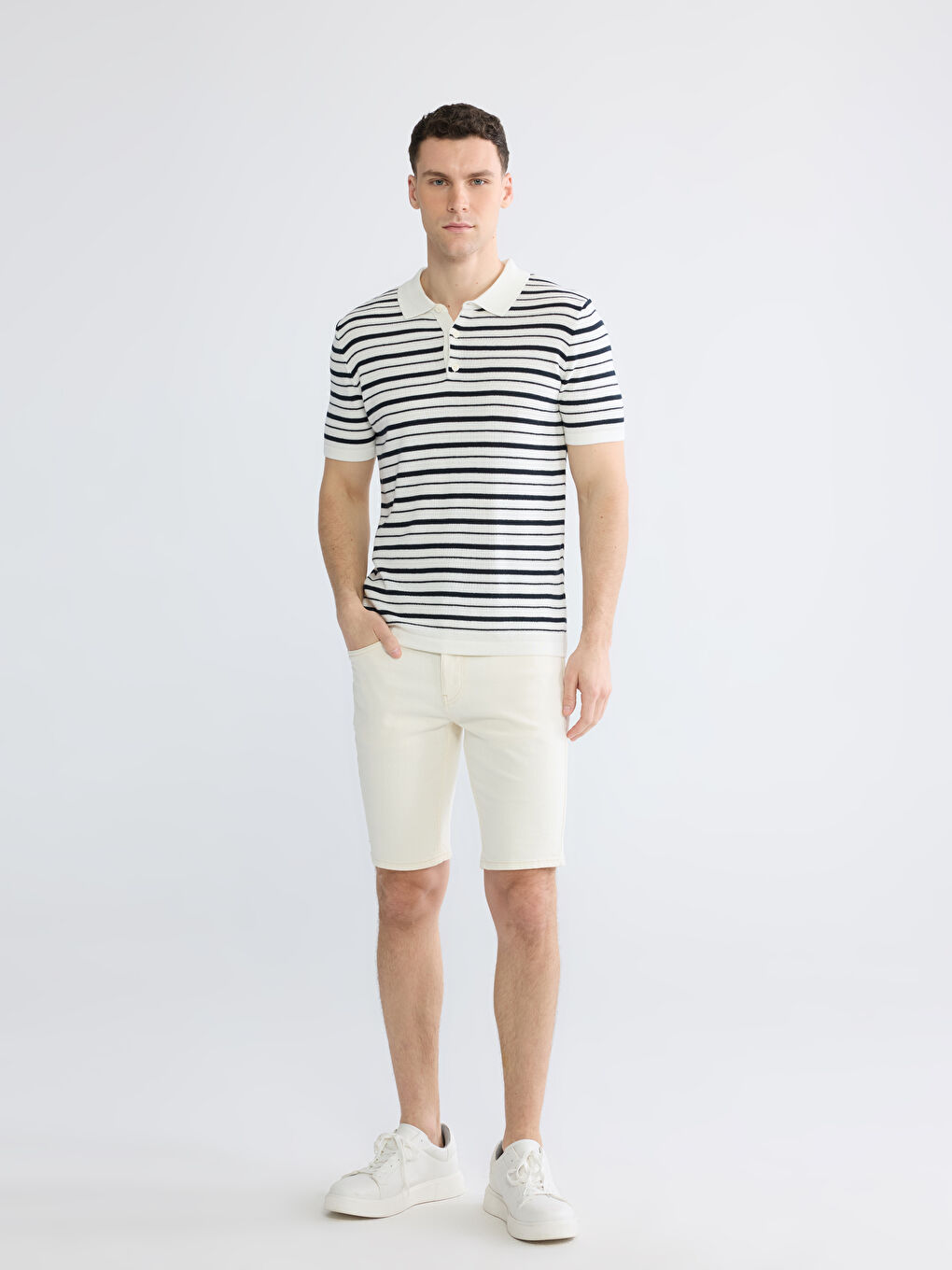 Ekru Çizgili Erkek Polo Yaka Triko Kazak-1