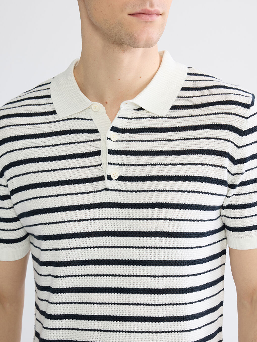 Ekru Çizgili Erkek Polo Yaka Triko Kazak-2