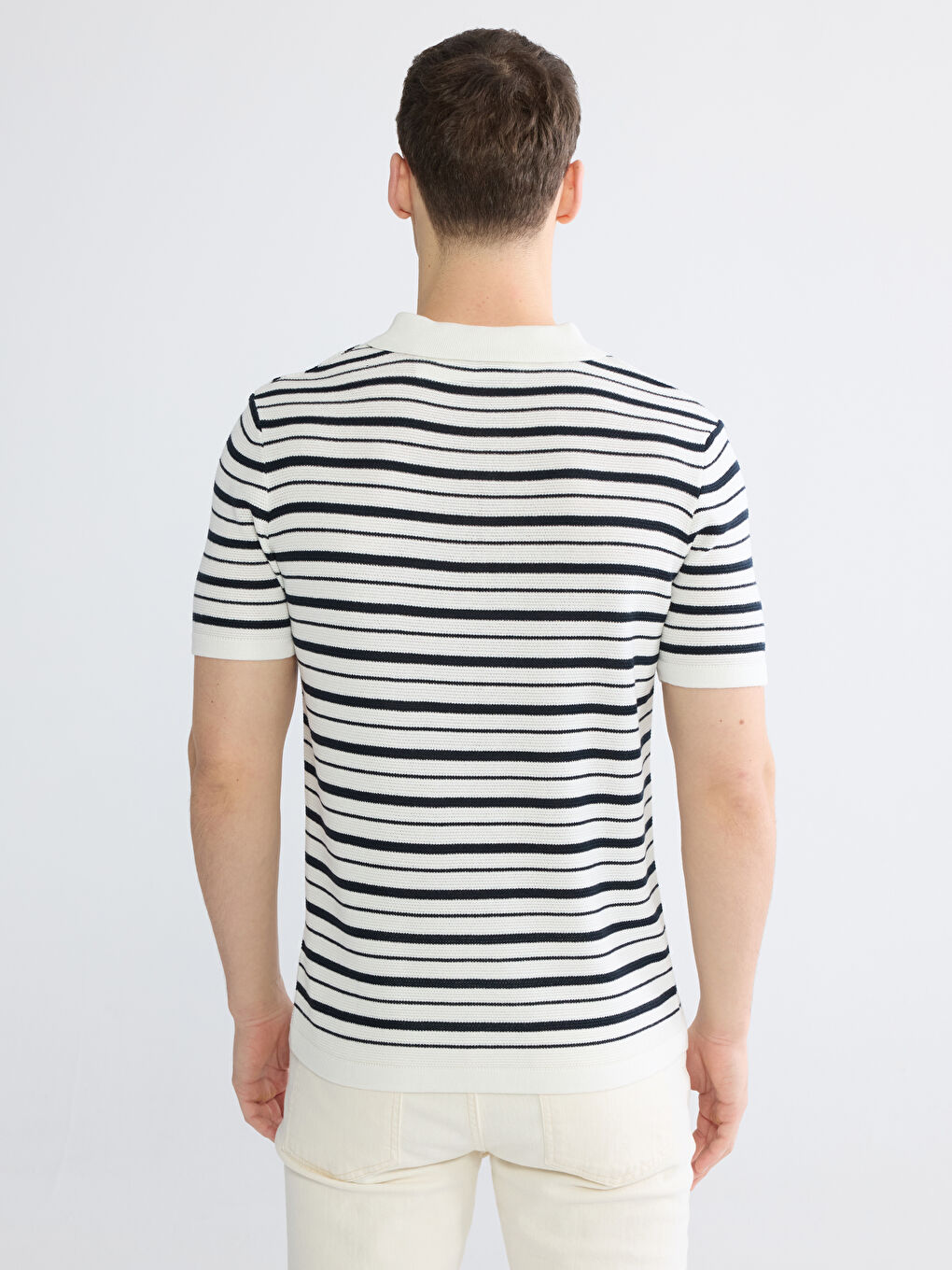 Ekru Çizgili Erkek Polo Yaka Triko Kazak-3