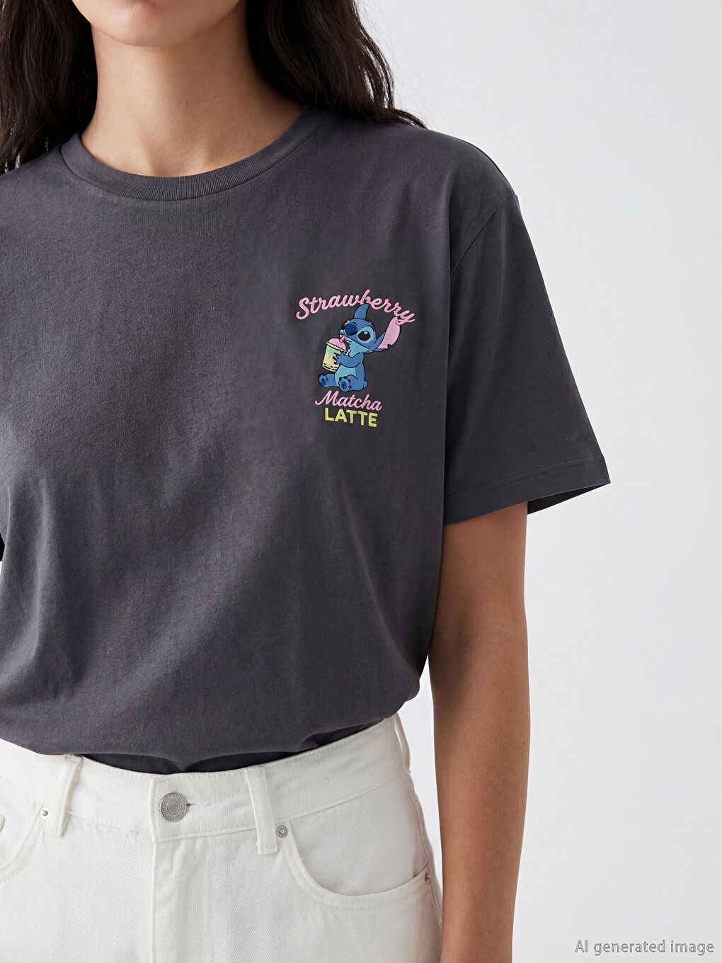 Crew Neck T-Shirt with Stitch Print-2