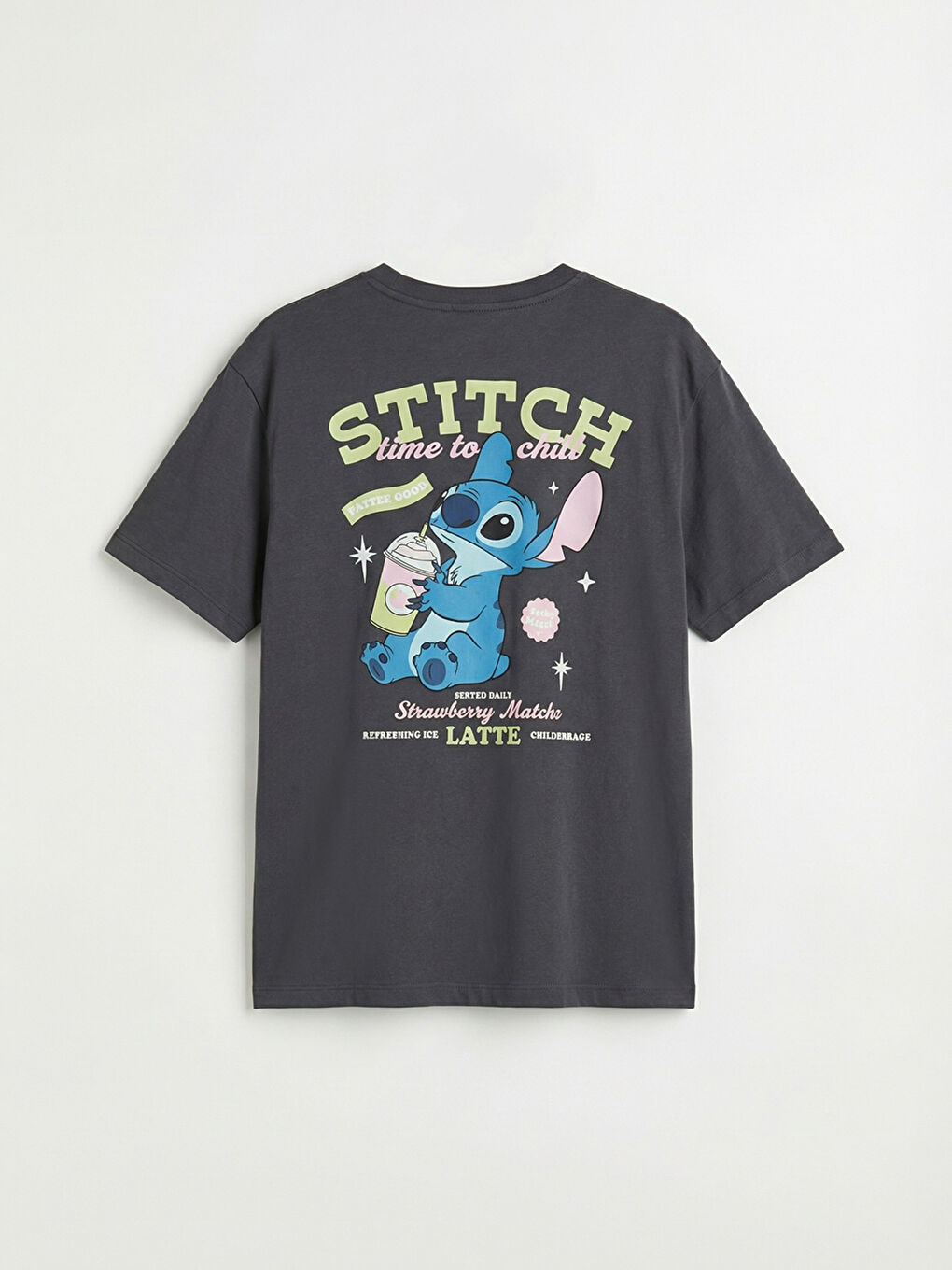 Antrasit Bisiklet Yaka Stitch Baskılı Kadın Tişört-2